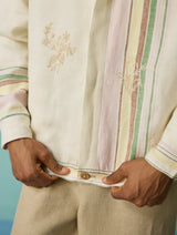 Sorren Hand-Embroidered Border Linen Jacket - Ivory