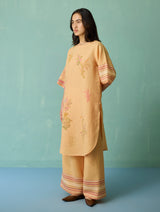 Nami Floral Block-Printed Curved Hem Kurta Set - Apricot
