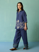 Luma Block-Printed Floral Co-ord Set - Indigo