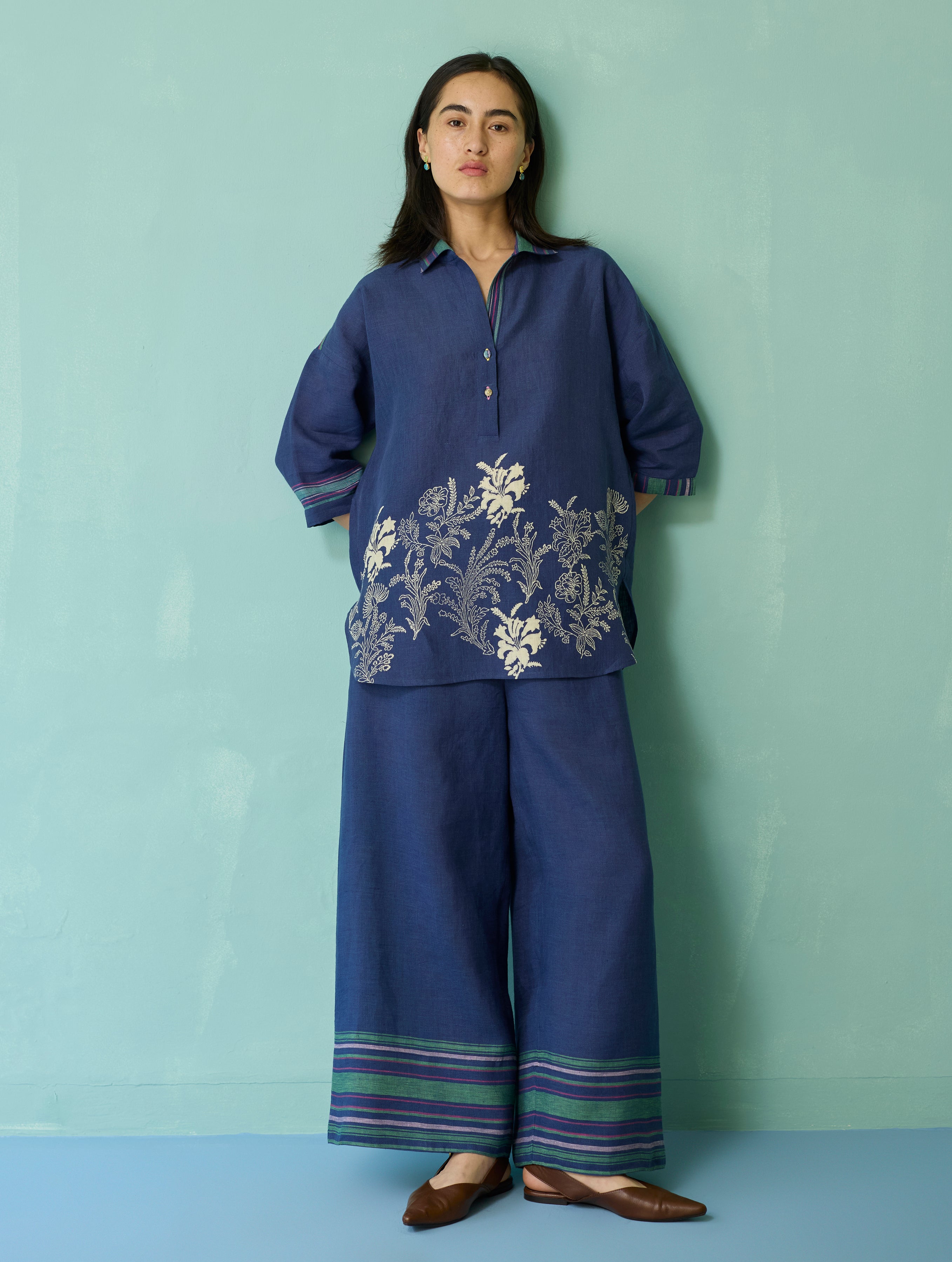 Luma Block-Printed Floral Co-ord Set - Indigo