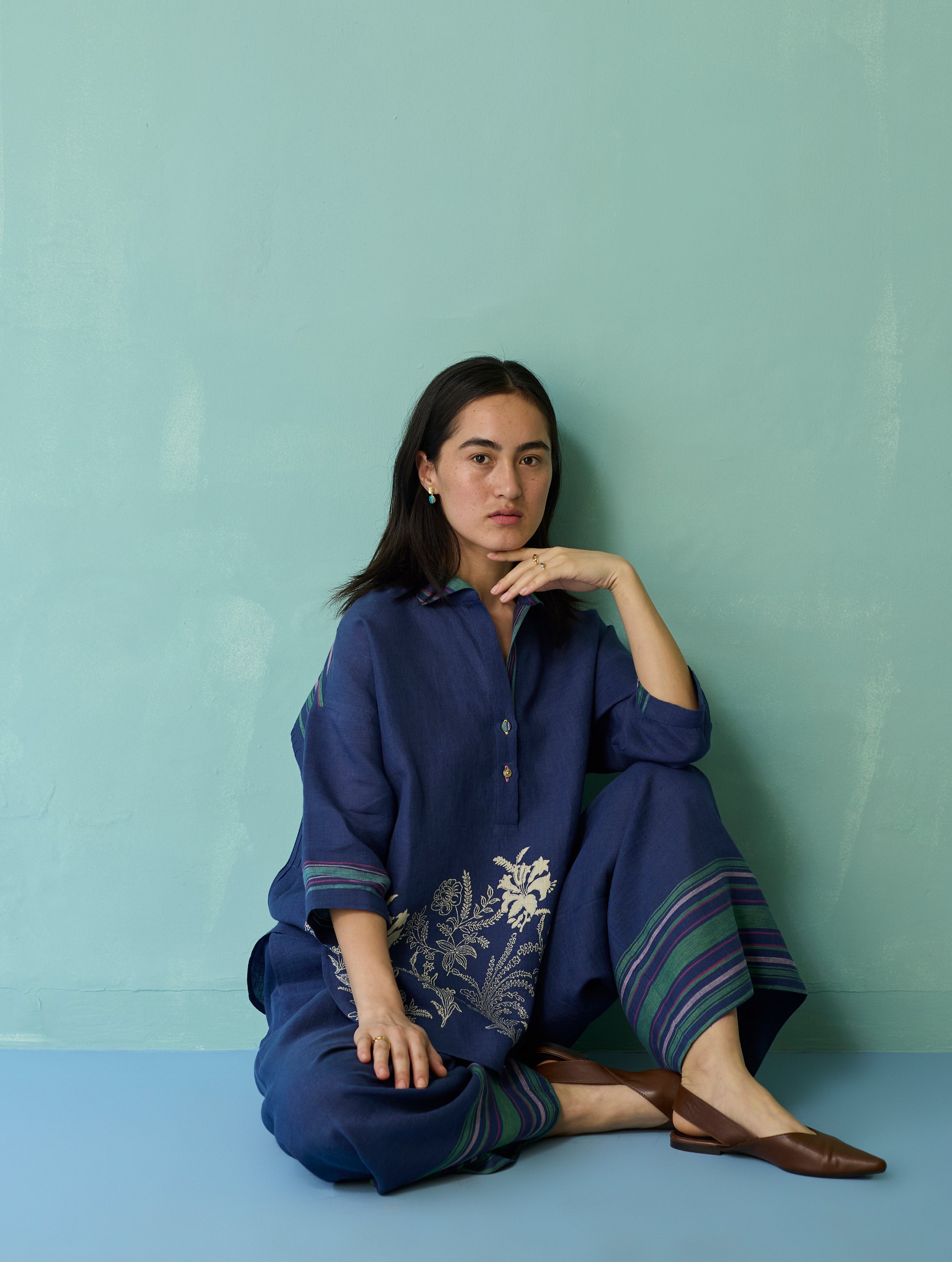 Luma Block-Printed Floral Co-ord Set - Indigo