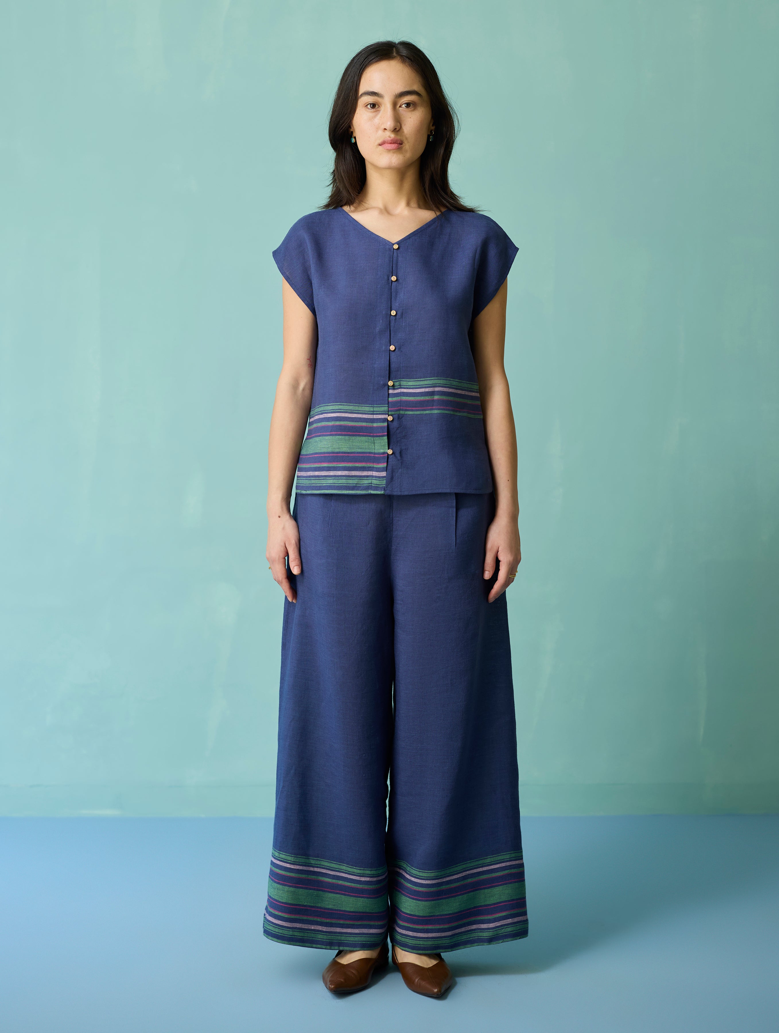 Xora Border Linen Cap-Sleeve Co-ord Set - Indigo