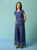 Xora Border Linen Cap-Sleeve Top - Indigo