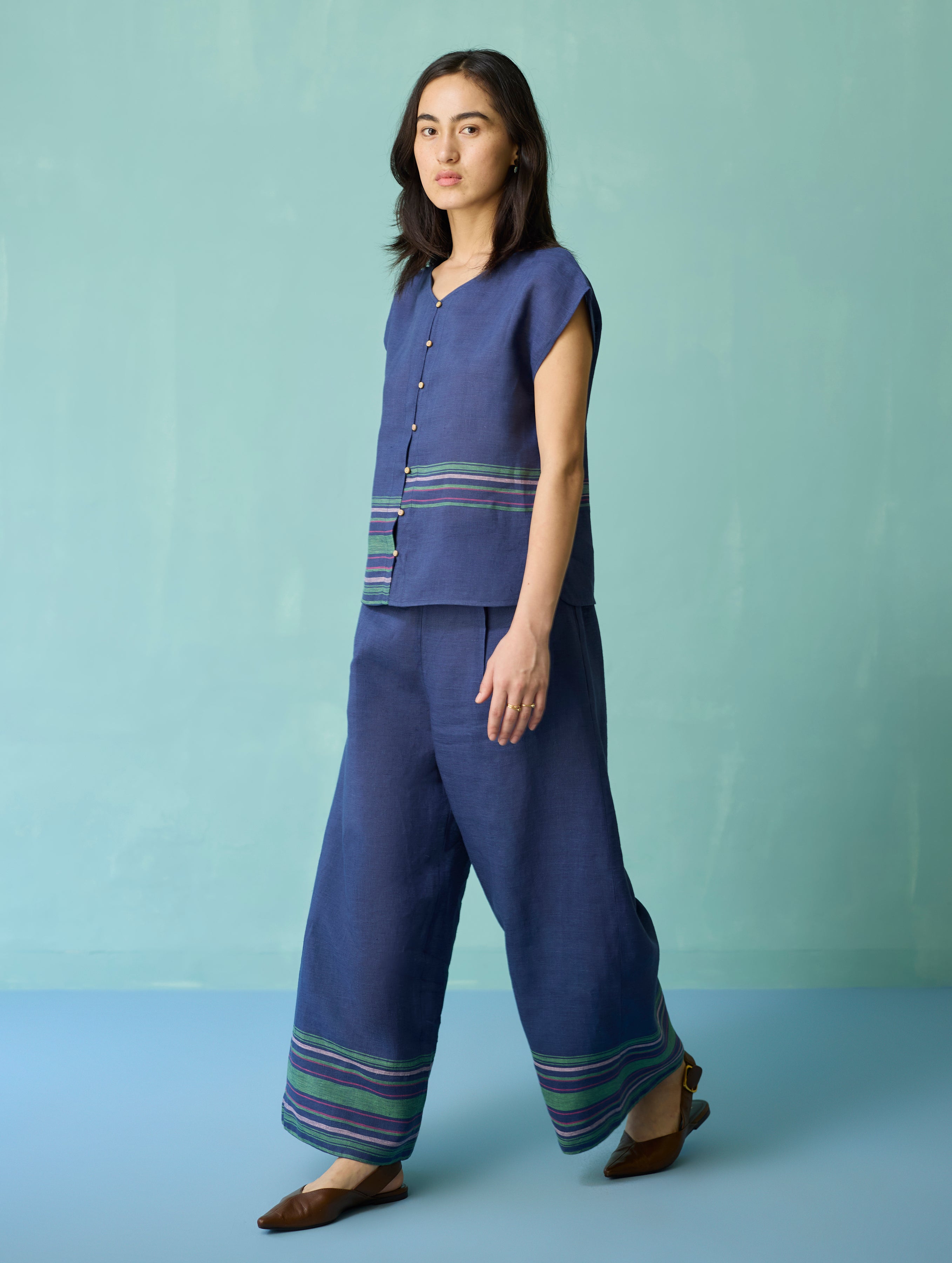 Xora Border Linen Cap-Sleeve Co-ord Set - Indigo