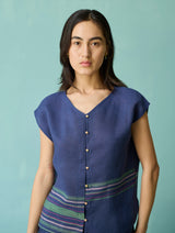 Xora Border Linen Cap-Sleeve Top - Indigo