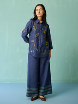 Kima Hand-Embroidered Floral Co-ord Set - Indigo
