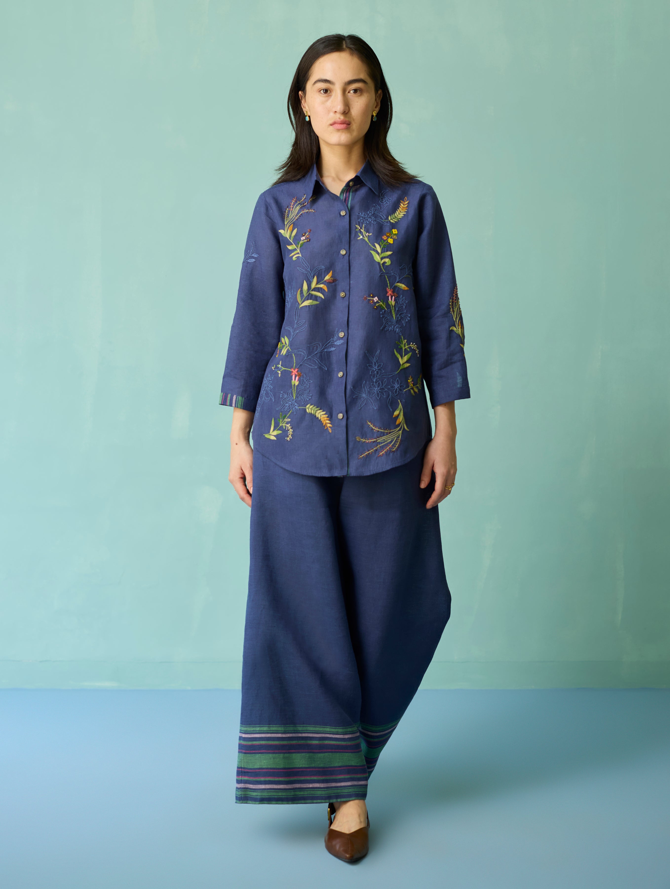 Kima Hand-Embroidered Floral Co-ord Set - Indigo