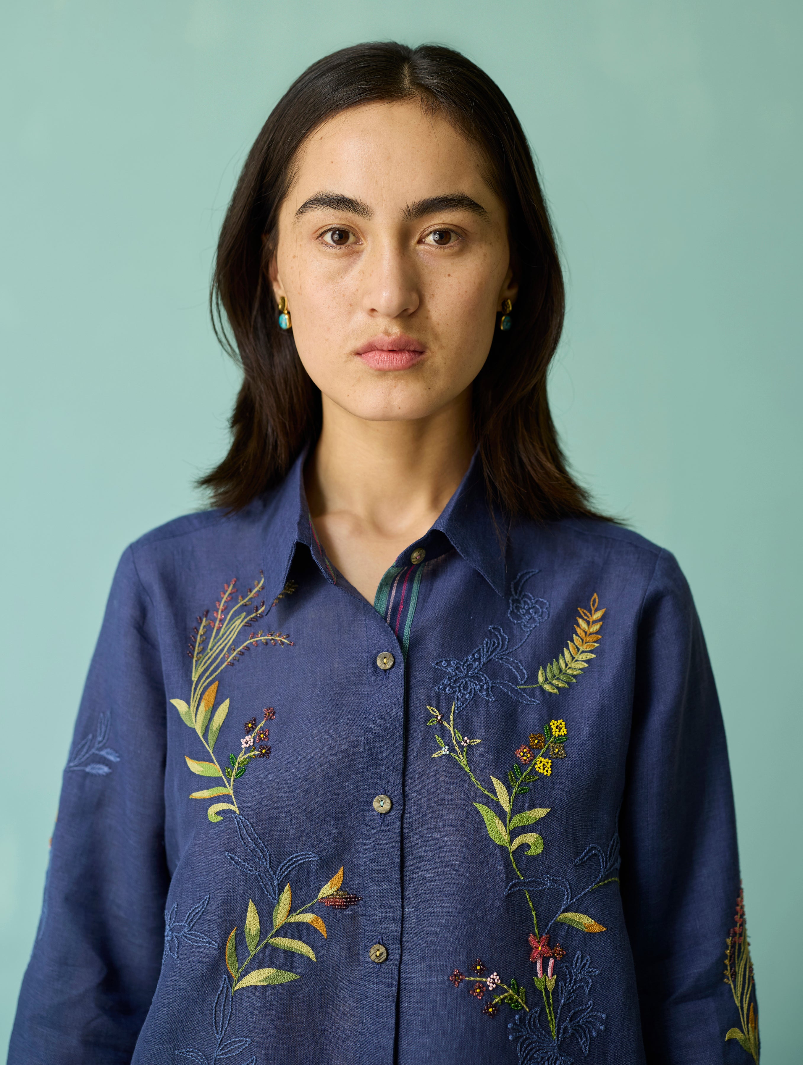 Kima Hand-Embroidered Floral Co-ord Set - Indigo