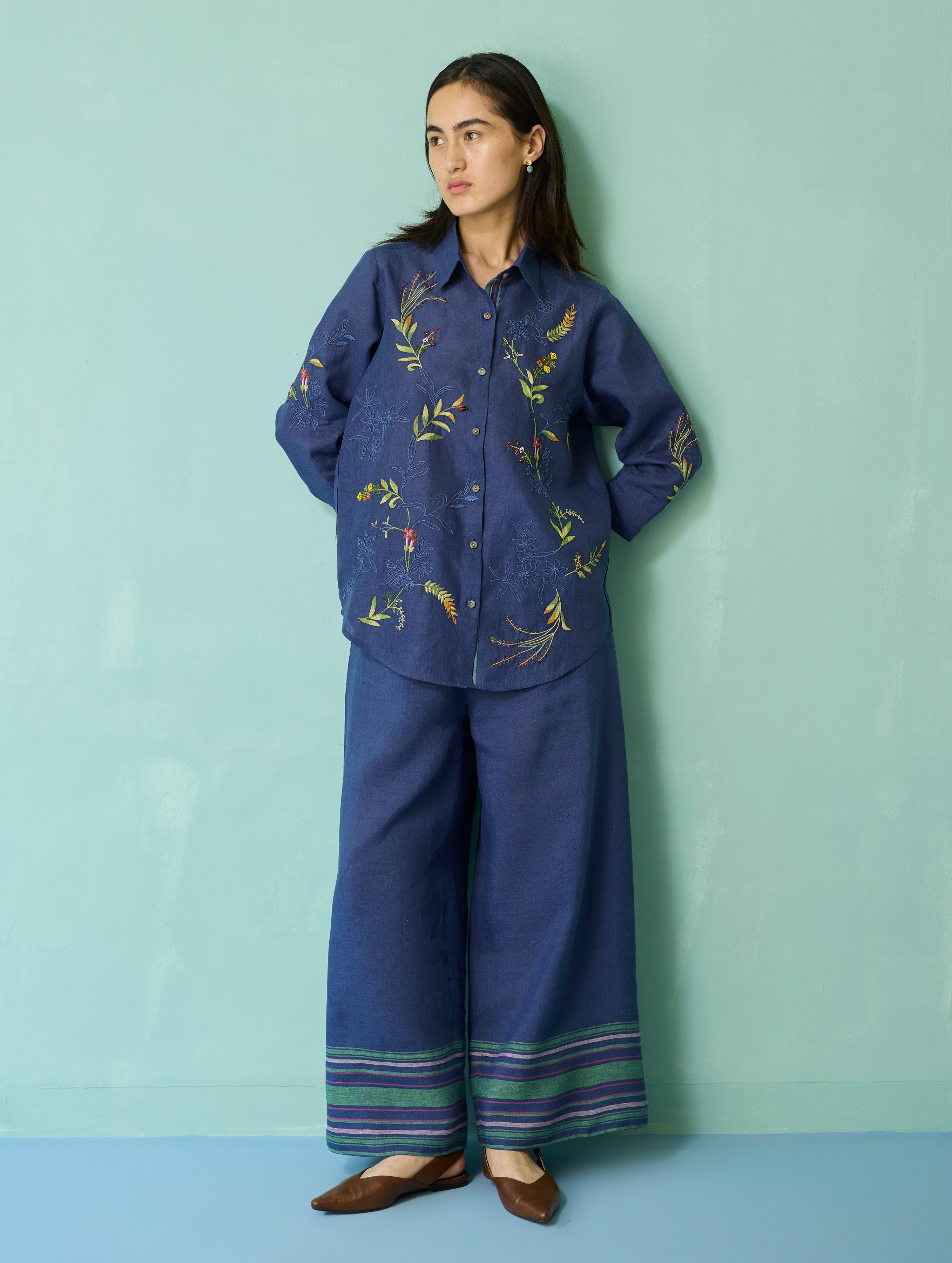 Kima Hand-Embroidered Floral Co-ord Set - Indigo