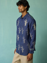 Arden Block-Printed Floral Shirt - Indigo
