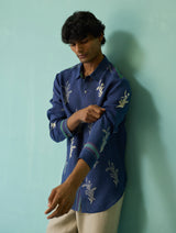 Arden Block-Printed Floral Shirt - Indigo