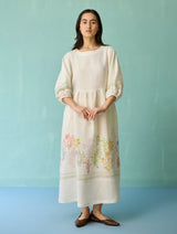 Ora Block-Printed Floral Linen Dress - Ivory