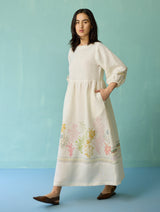 Ora Block-Printed Floral Linen Dress - Ivory