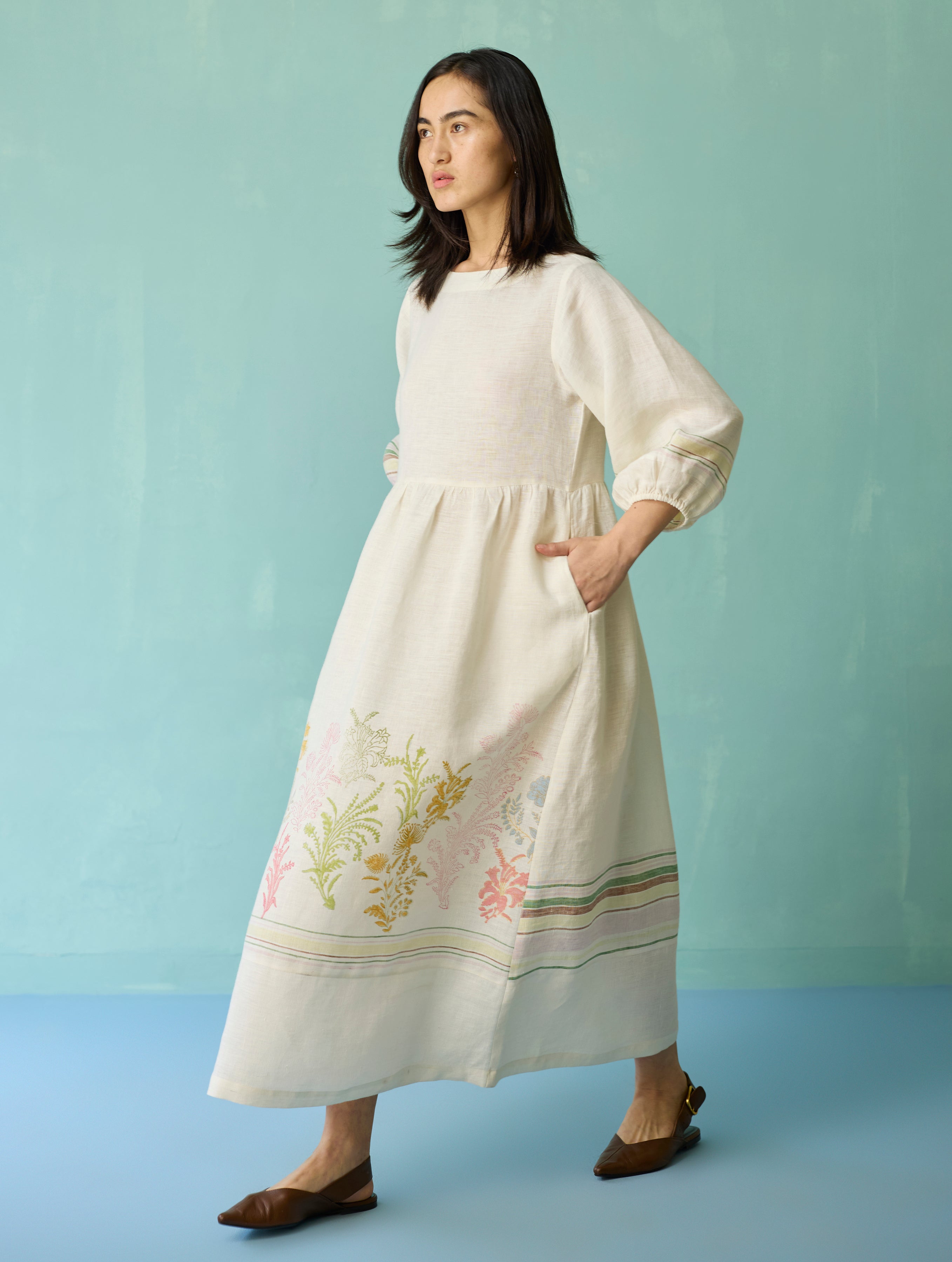 Ora Block-Printed Floral Linen Dress - Ivory