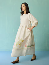 Ora Block-Printed Floral Linen Dress - Ivory