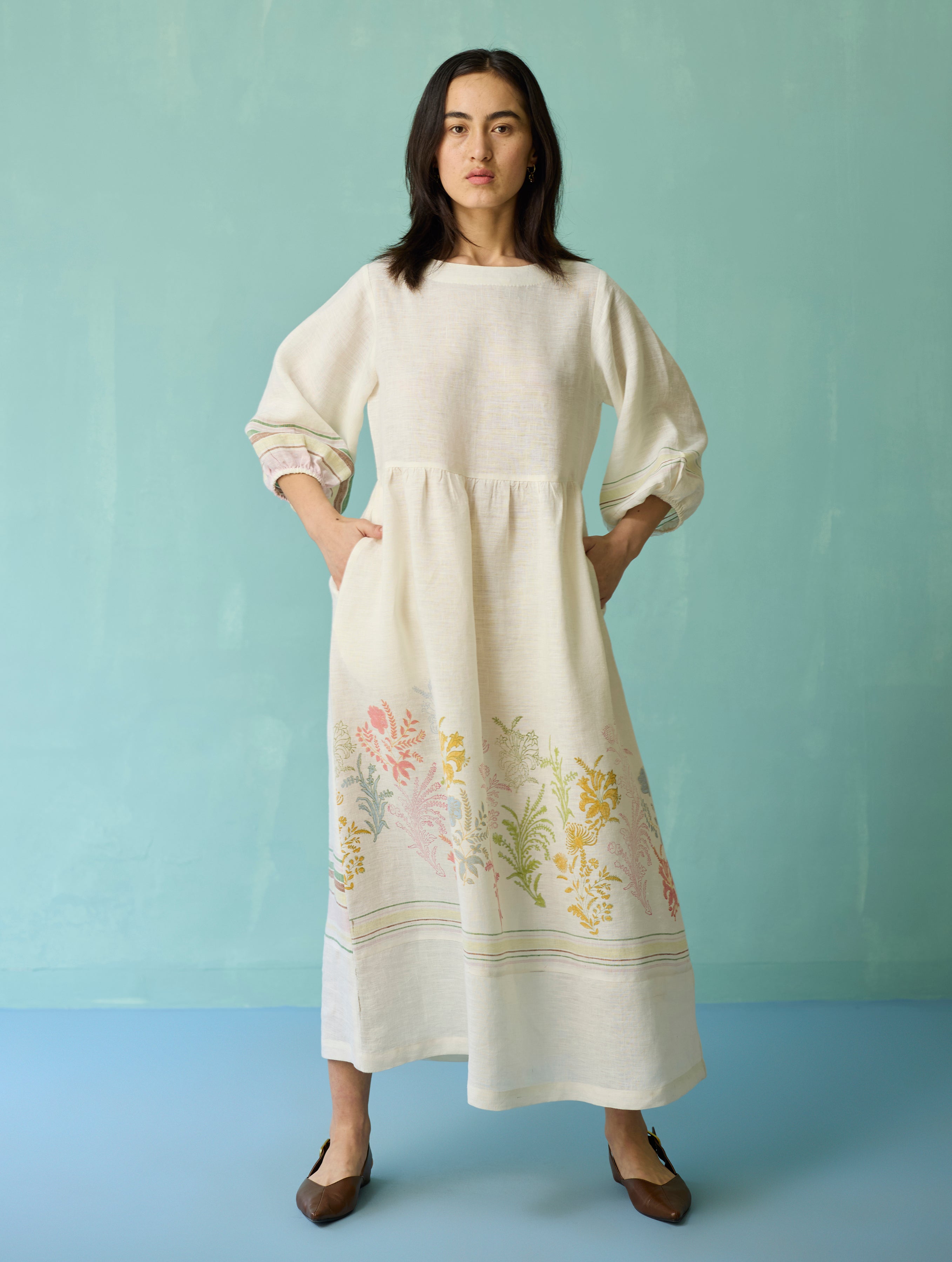 Ora Block-Printed Floral Linen Dress - Ivory