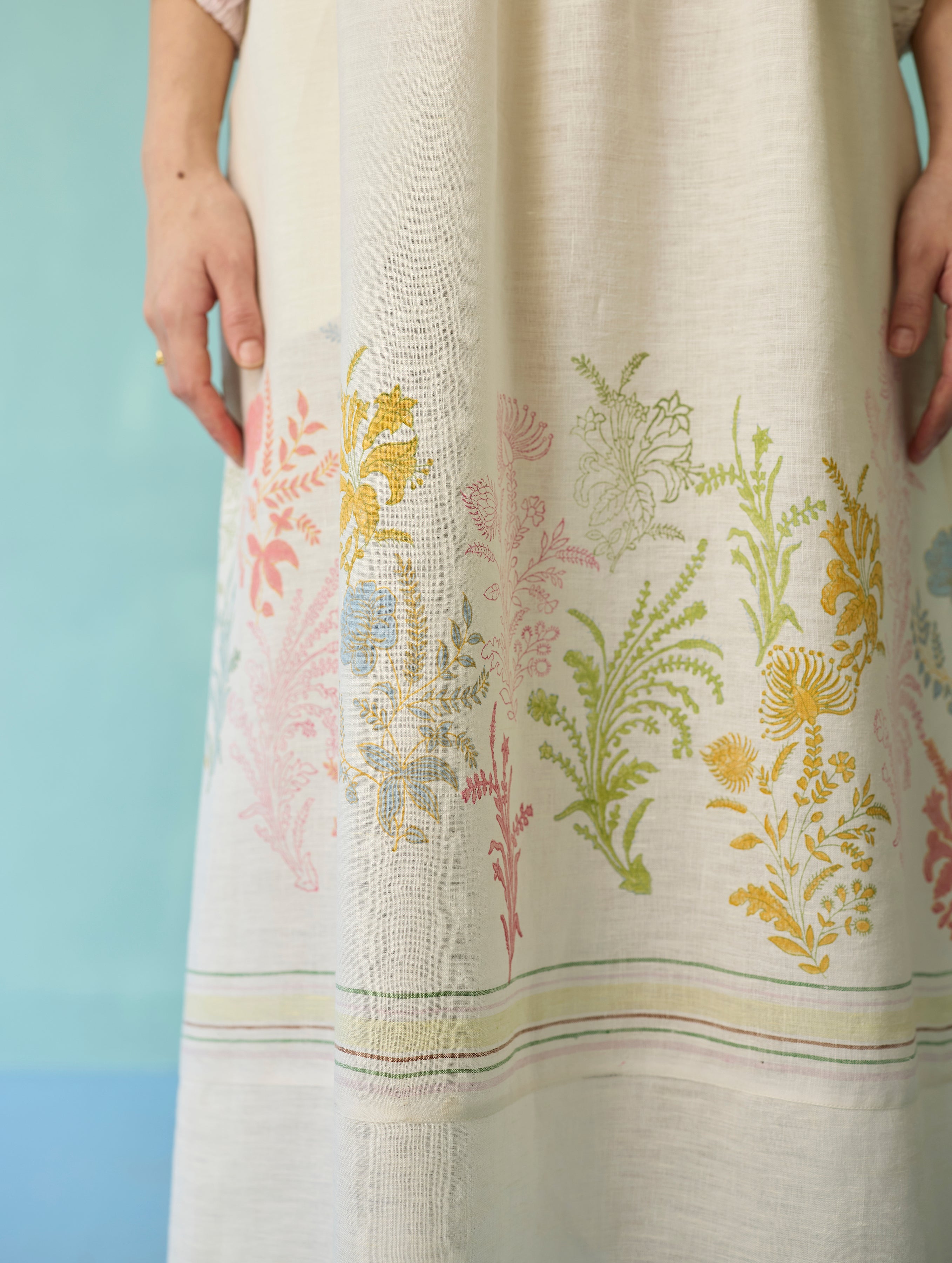 Ora Block-Printed Floral Linen Dress - Ivory