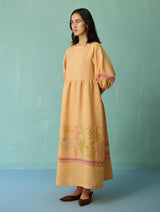 Ora Block-Printed Floral Linen Dress - Apricot