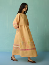 Ora Block-Printed Floral Linen Dress - Apricot