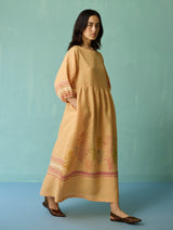 Ora Block-Printed Floral Linen Dress - Apricot