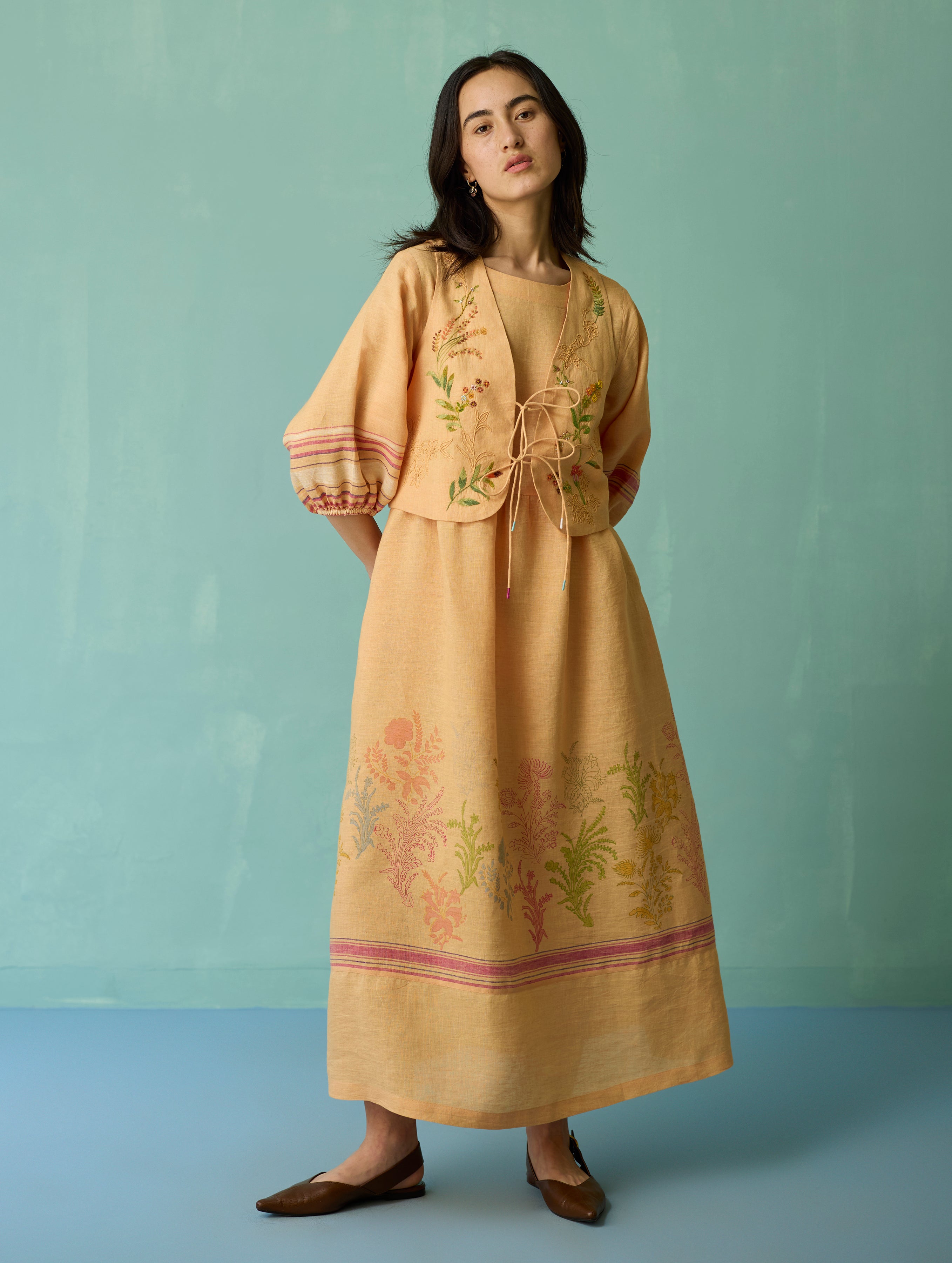 Ora Block-Printed Floral Linen Co-ord Set - Apricot