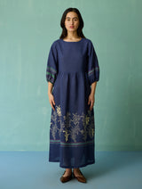 Ora Block-Printed Floral Linen Dress - Indigo