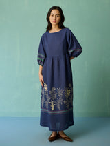 Ora Block-Printed Floral Linen Dress - Indigo