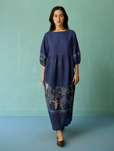 Ora Block-Printed Floral Linen Dress - Indigo