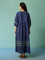 Ora Block-Printed Floral Linen Dress - Indigo