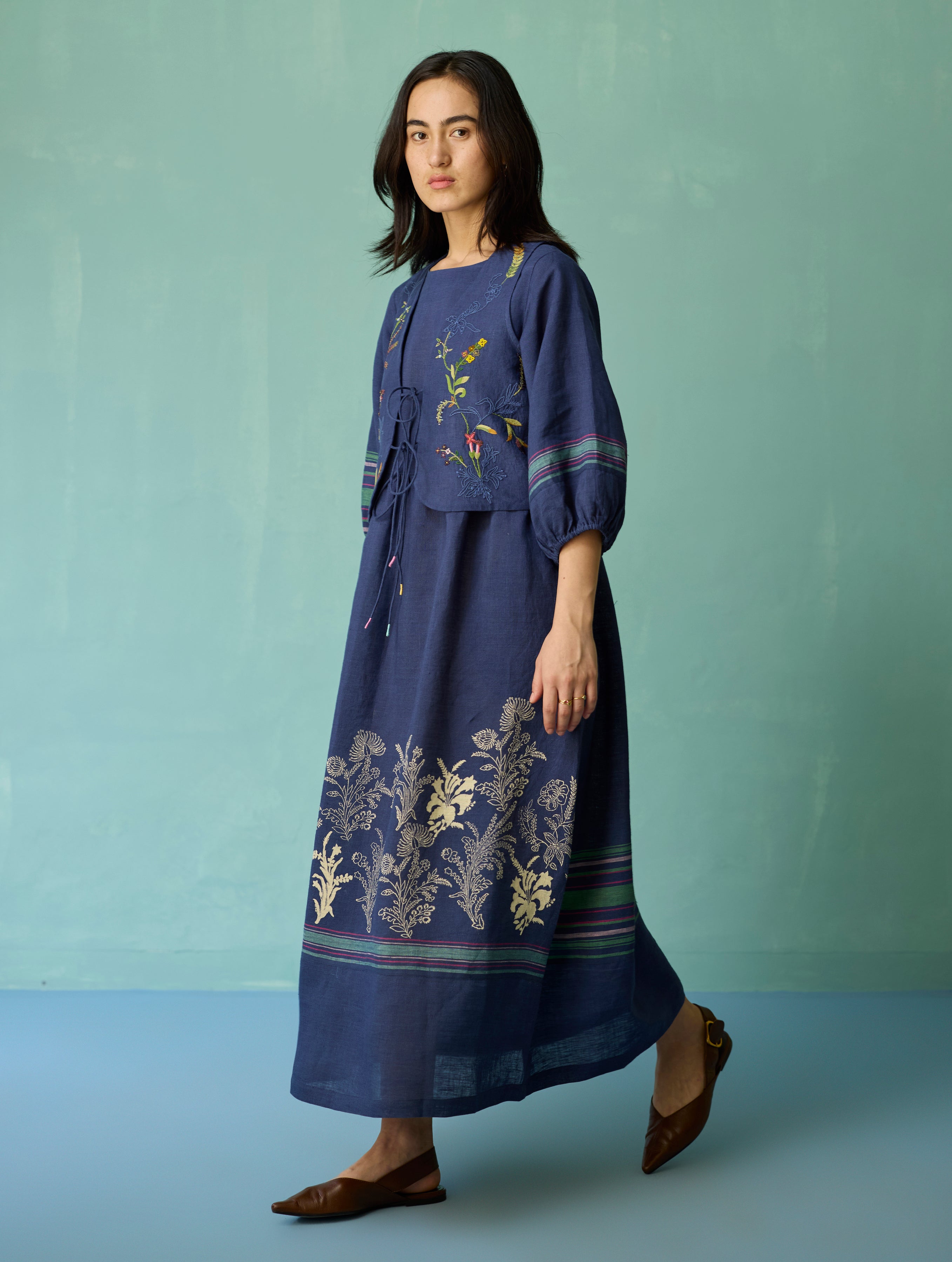 Ora Block-Printed Floral Linen Co-ord Set - Indigo