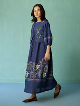 Ora Block-Printed Floral Linen Co-ord Set - Indigo