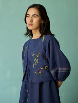 Ora Block-Printed Floral Linen Co-ord Set - Indigo