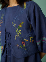 Ora Block-Printed Floral Linen Co-ord Set - Indigo