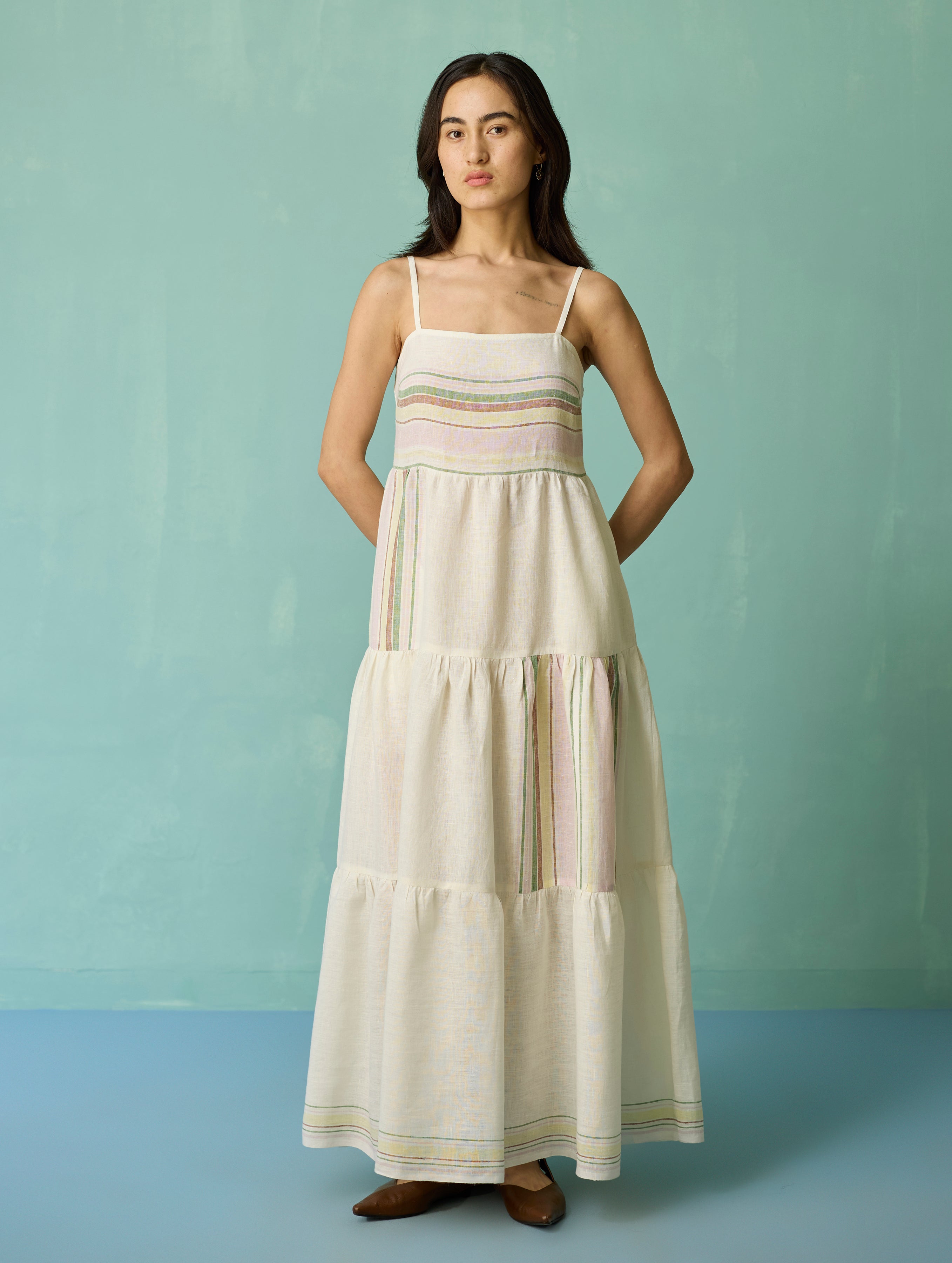 Pera Border Linen Tiered Dress - Ivory