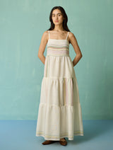 Pera Border Linen Tiered Dress - Ivory
