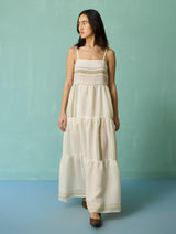 Pera Border Linen Tiered Dress - Ivory