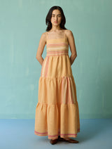 Pera Border Linen Tiered Dress - Apricot