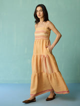 Pera Border Linen Tiered Dress - Apricot