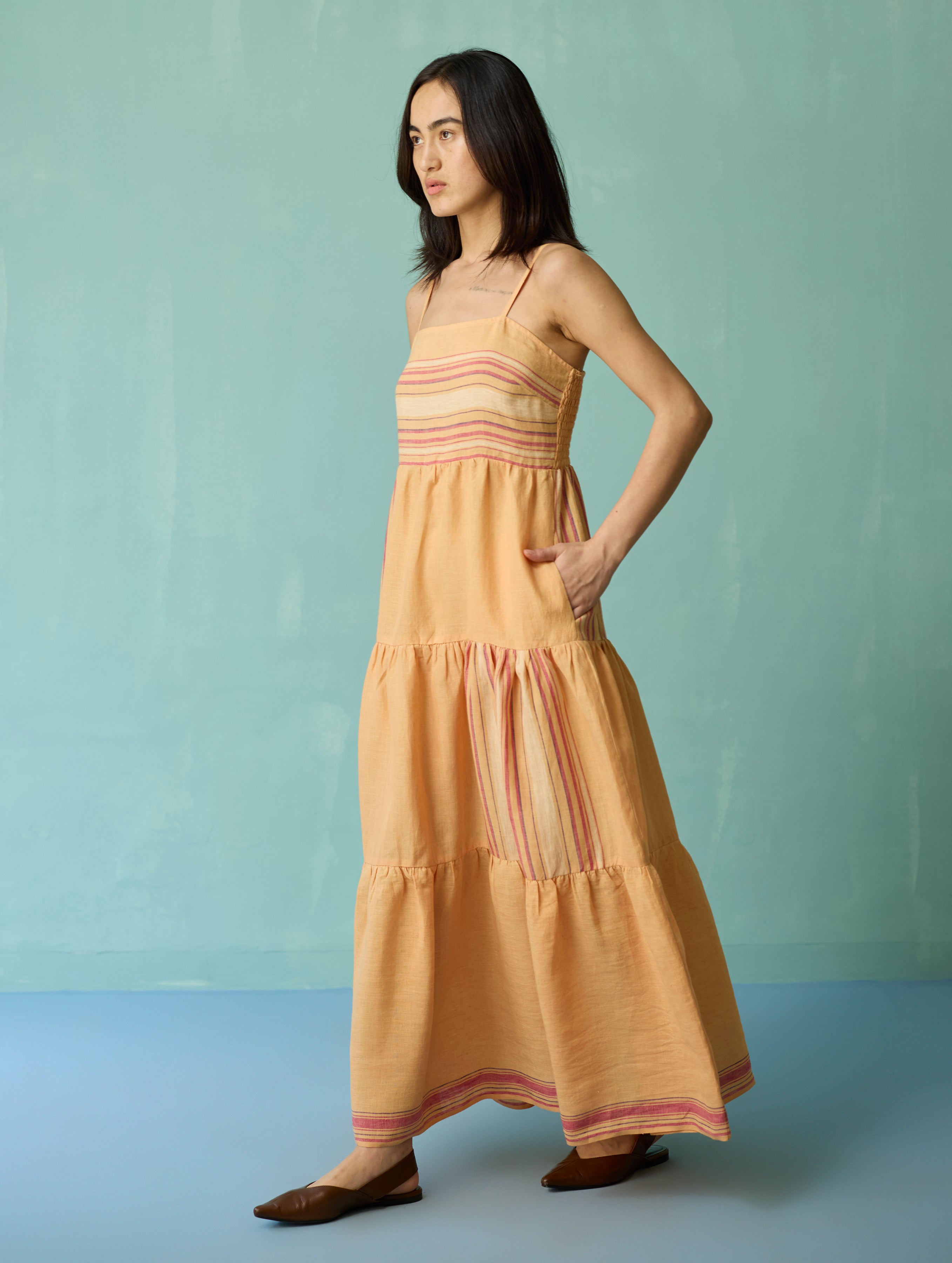 Pera Border Linen Tiered Dress - Apricot