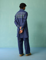 Briar Collared Border Linen Kurta Set - Indigo