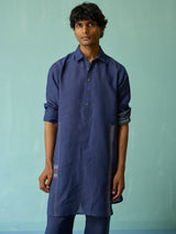 Briar Collared Border Linen Kurta Set - Indigo