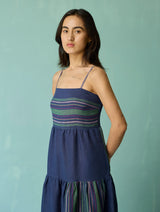 Pera Border Linen Tiered Dress - Indigo