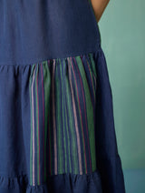 Pera Border Linen Tiered Dress - Indigo