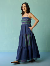 Pera Border Linen Tiered Dress - Indigo