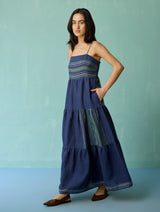 Pera Border Linen Tiered Dress - Indigo
