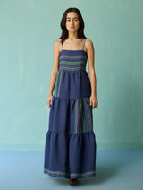 Pera Border Linen Tiered Dress - Indigo