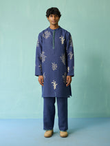 Farhan Block-Printed Floral Kurta Set - Indigo