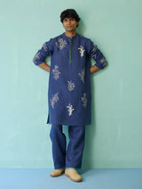 Farhan Block-Printed Floral Kurta Set - Indigo