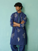 Farhan Block-Printed Floral Kurta Set - Indigo