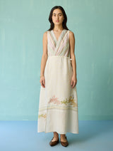 Sira Border Linen Floral Wrap Dress - Ivory